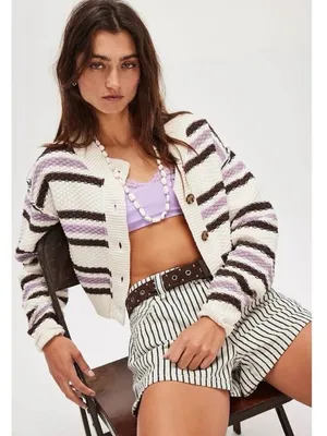 Free People Lila Stripe Cardi Cardigan Sweater in Lavender Ivory Combo Large thumbnail 1