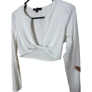 Lulus White Ribbed‎ Twist Front Long Sleeve Crop Top Womens Medium V-Neck thumbnail 2
