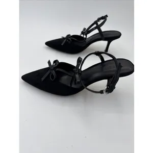 J Crew Double Bow Slingback Heels Black Size 8.5 Pointed Toe Suede Feel thumbnail 4