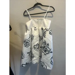 Maeve Anthropologie Square Neck Babydoll Mini Dress White Black Rose Print XS thumbnail 4