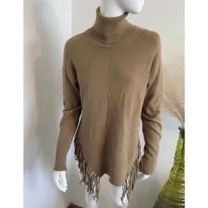 Stella + Lorenzo Women’s Sweater Fringe Hem Turtleneck Tan Boho Knit Size S thumbnail 2