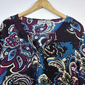 Chico's 2 Travelers Black blue large Paisley Floral Long Sleeve Blouse western thumbnail 5