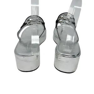 Tory Burch Miller Silver Metallic Leather Platform Wedge Sandals Logo Thong 9 thumbnail 5