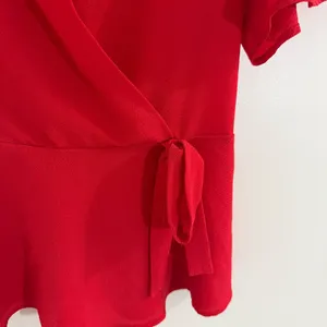 Monteau Red Short Sleeve Wrap Blouse with Mandarin Collar thumbnail 2