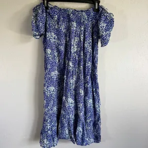 Free People Off the Shoulder Blue White Ditzy Floral Tiered Flowy Dress Womens L thumbnail 6