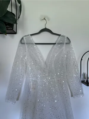 NWT Merry’s Bridal White Sequin Sheer V Neck Long Sleeve Wedding Gown Size 8 thumbnail 3