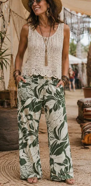 Zara Basic Olive Green and Cream Boho Floral Patterned Pants thumbnail 1