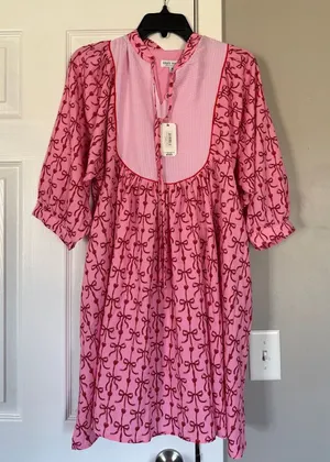 Simply Southern Pink Red Bow Midi Dress NEW NWT thumbnail 1