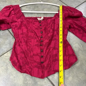 Anthropologie Pink Floral Ruffle Blouse Smocked Puff Sleeve Sz XS Cottagecore thumbnail 13