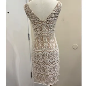 VTG 90s NiteLine White Lace Beaded Tan Mini Dress 2‎ Bridal Goth Witchy Coquette thumbnail 2