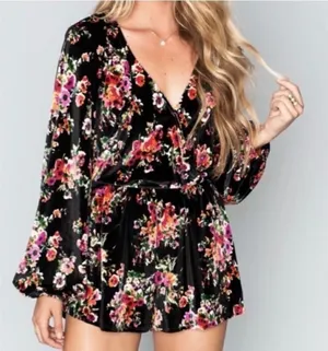 Show Me Your Mumu Floral Velvet Long Sleeved Romper thumbnail 1