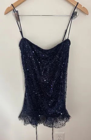 Lucy In The Sky Navy Blue‎ Sequin Cowl Neck Lace Up Back Ruffle Mini Dress Small thumbnail 1