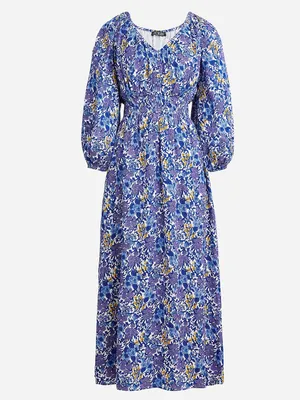 J. Crew V-neck Midi Dress in Fête Floral Print Blue Satin Long Sleeves Medium thumbnail 3