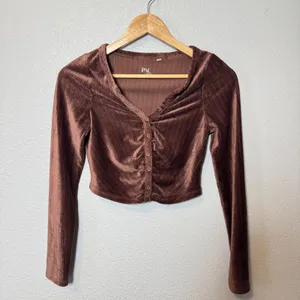 PAC Cares Brown Ribbed Velvet‎ Ruched Button Up Cropped Top Small thumbnail 3