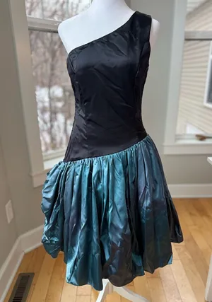 Vintage 80’s Black Teal Satin One Shoulder Prom Dress Sz Small thumbnail 1
