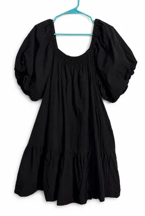 entro Black Smocked Waist Mini Dress with Puff Sleeves & Detailing Large thumbnail 1