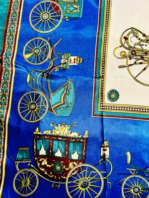 VINTAGE EQUESTRIAN horse&carriage ROYAL BLUE silky SCARF 35’/35’ inches thumbnail 14