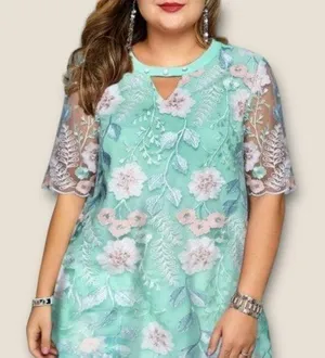 Floral Mesh Overlay Short Sleeve Blouse Turquoise Combo L thumbnail 1