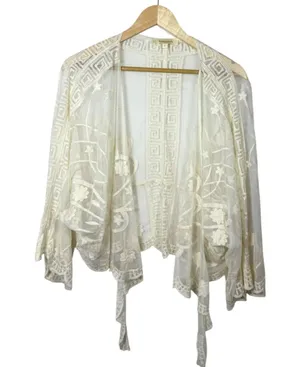 Boho Sheer Floral Embroidered Lace Kimono Crochet Scallop Festival L thumbnail 1