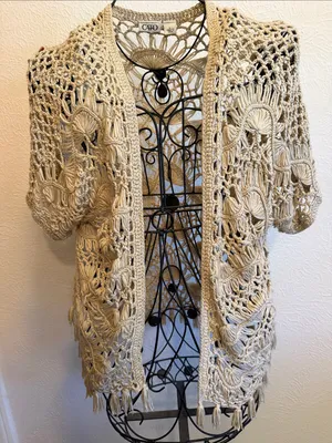 🎪🎪🎪BOGOHO🎪🎪🎪Cato Cream Crochet Open-Front Cardigan with Fringe-Large thumbnail 1