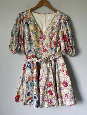 ZIMMERMANN Clover Paneled Mini Dress 100% Linen Spliced Multi Floral Size 2 thumbnail 1