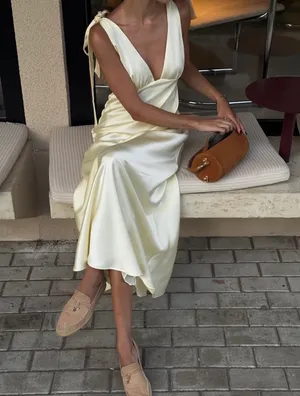 Zara Elegant butter yellow satin maxi long Dress evening party wedding thumbnail 6