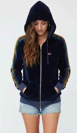 Aviator Nation Velvet Rainbow Stripe Zip-Up Hoodie Navy Blue Size Large thumbnail 1