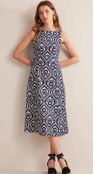 Boden Geo Cascade Slash Neck Midi Dress US 6R Navy White Cotton Geometric A Line thumbnail 1
