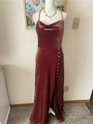 Revelry Billie Velvet Leg Slit Maxi Dress in Terracotta Rust Size US 4 thumbnail 4