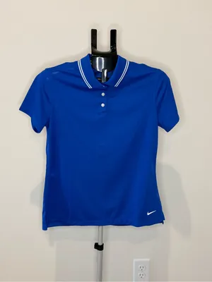 Nike Dri-FIT Women’s Golf Polo Medium Royal Blue White Stripe Collar Standard Fi thumbnail 2