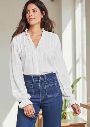 Faherty Willa Blouse White Organic Cotton Pintuck Ruffle Button Front Top Small‎ thumbnail 1