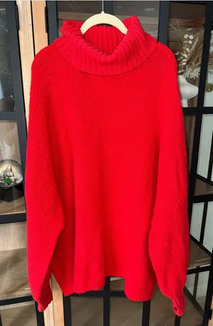 Aerie turtleneck boucle sweater textured red wool oversized rib knit tunic thumbnail 1