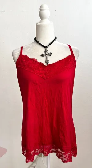 Faded Glory Red Lace‎ Trim Tank Top Y2K Coquette Fairy Grunge 2000s Cami XL thumbnail 1