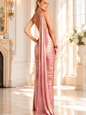 Retrofete Shannon Elegant Golden Peach Metallic Ruched Backless Evening Gown S thumbnail 2