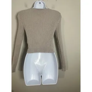 Abercrombie & Fitch Taupe Ribbed Twist Front Long Sleeve Crop Top Small thumbnail 4