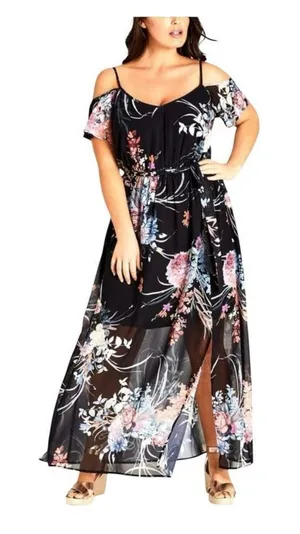City Chic Black Floral Maxi Dress Size XL/22 Cold Shoulder Summer thumbnail 1