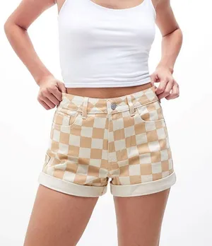 PacSun Women’s Checkerboard Mom Shorts Size 25 Tan Checker Denim High Waist thumbnail 1