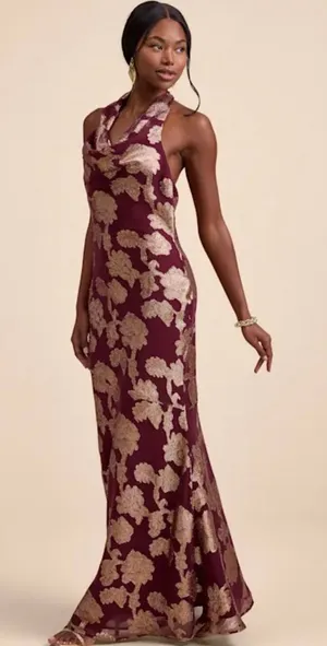 Lulus Zafira Burgundy And Gold Burnout Cowl Halter Maxi Dress Red - Size L thumbnail 1