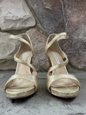 Diane Von Furstenberg Women's Gold Leather Strappy Embossed Heels thumbnail 4