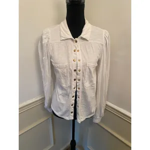 Nation Ltd The Desta Femme Button Up Top in Optic White w Gold Accents Cotton thumbnail 2