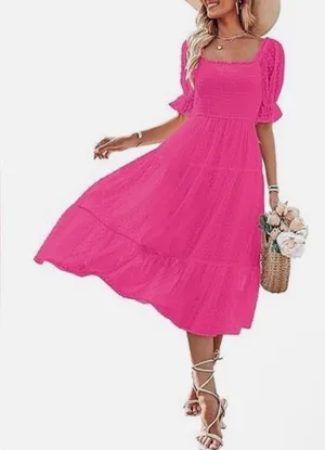 Merokeety Chic Fuchsia Midi Dress for Women thumbnail 1