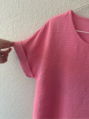 Pink Textured Dressy Top Going Out with Cuffed Short Sleeves thumbnail 3