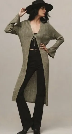 By ANTHROPOLOGIE Long Shine Cardigan Sweater Green Tie Front Knitwear Small thumbnail 1