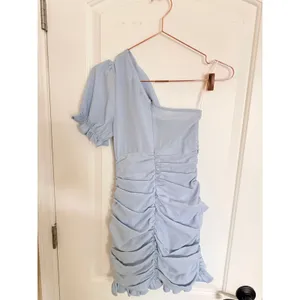 Hello Molly Mini Dress Women 4 Light Blue Excellent One‎ Shoulder Ruched Ruffle thumbnail 6
