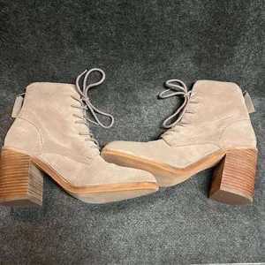 Dolce Vita Lace Up Heeled Ankle Boots Women's‎ Taupe Suede Leather Stacked Heel thumbnail 5