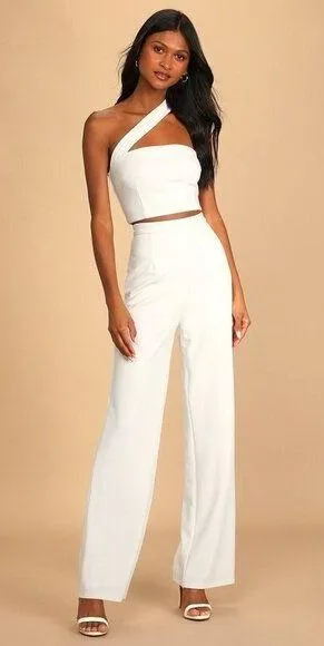 Lulus Flaunt It Like That White One-shoulder Two-piece Jumpsuit - Size M thumbnail 1