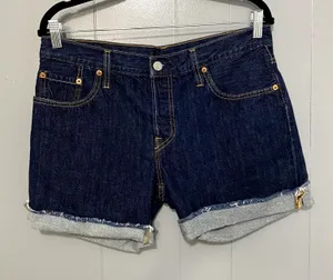 Levi's Blue Dark Wash Denim 501 Cuffed Button Fly Summer Beach Shorts 28 thumbnail 1