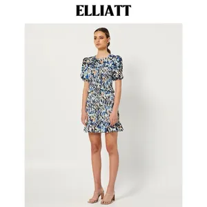 Elliatt Incubus Smocked Short Sleeve Mini Dress in Blue Multi Size Small NWT thumbnail 3
