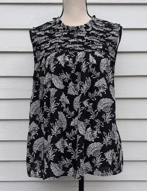 Loft Sleeveless Loose Fit Black and White Floral Top thumbnail 1