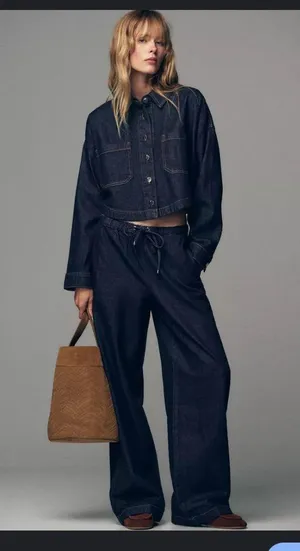 Drawstring Zara denim wide leg pants nwt $98 blogger fav casual classic fall $98 thumbnail 1